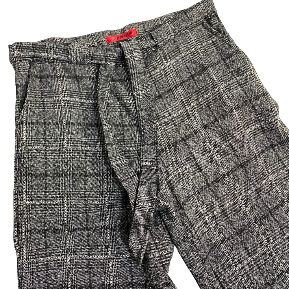 HOT KISS Pants Wide Leg Trousers Black Gray Plaid Size 5 Flat Front Tie Belt - Picture 6 of 17